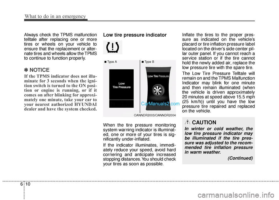 Hyundai Santa Fe 2016 Owners Manual What to do in an emergency
10
6
Always check the TPMS malfunction
telltale after replacing one or more
tires or wheels on your vehicle to
ensure that the replacement or alter-
nate tires and wheels al Hyundai Santa Fe 2016 Owners Manual What to do in an emergency
10
6
Always check the TPMS malfunction
telltale after replacing one or more
tires or wheels on your vehicle to
ensure that the replacement or alter-
nate tires and wheels al
