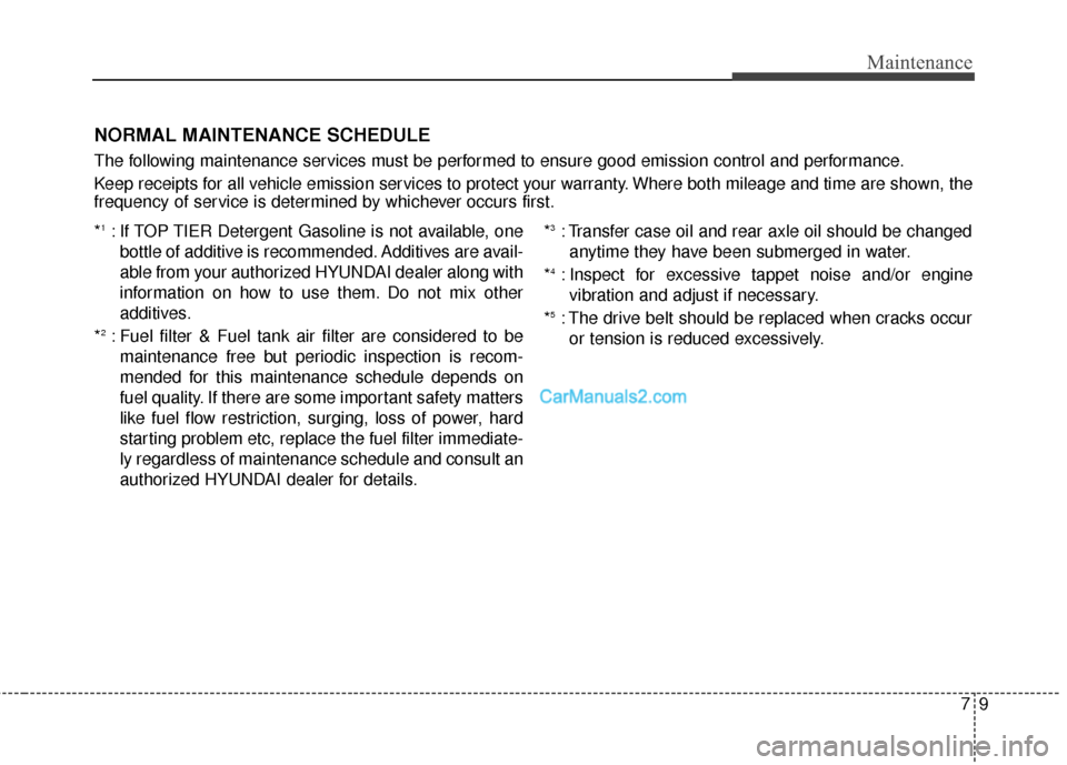 Hyundai Santa Fe 2016 Owners Manual 79
Maintenance
NORMAL MAINTENANCE SCHEDULE
The following maintenance services must be performed to ensure good emission control and performance.
Keep receipts for all vehicle emission services to prot Hyundai Santa Fe 2016 Owners Manual 79
Maintenance
NORMAL MAINTENANCE SCHEDULE
The following maintenance services must be performed to ensure good emission control and performance.
Keep receipts for all vehicle emission services to prot