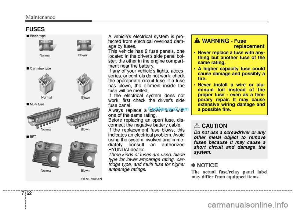 Hyundai Santa Fe 2016  Owners Manual Maintenance
62
7
FUSES
A vehicle’s electrical system is pro-
tected from electrical overload dam-
age by fuses.
This vehicle has 2 fuse panels, one
located in the driver’s side panel bol-
ster, th