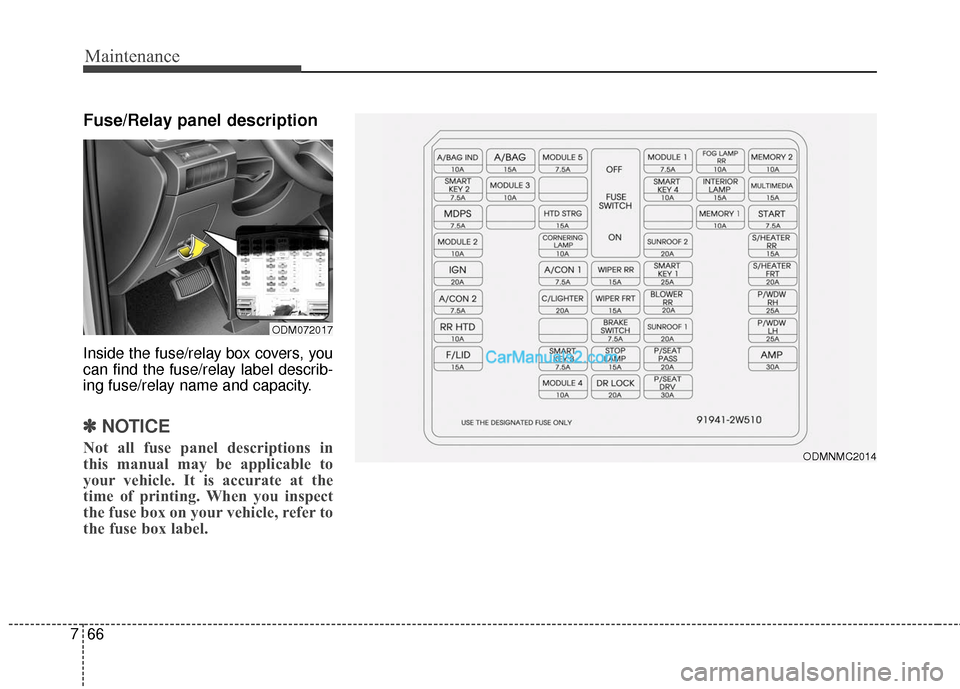 Hyundai Santa Fe 2016  Owners Manual Maintenance
66
7
Fuse/Relay panel description
Inside the fuse/relay box covers, you
can find the fuse/relay label describ-
ing fuse/relay name and capacity.
✽ ✽
NOTICE
Not all fuse panel descripti