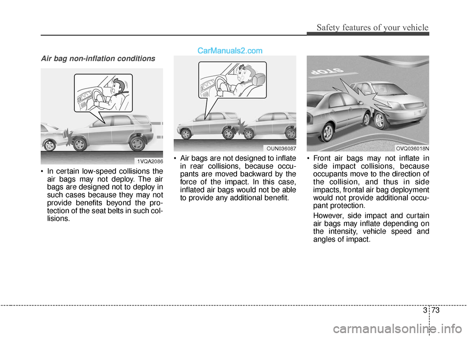 Hyundai Santa Fe 2016 Owners Manual 373
Safety features of your vehicle
Air bag non-inflation conditions
In certain low-speed collisions theair bags may not deploy. The air
bags are designed not to deploy in
such cases because they may Hyundai Santa Fe 2016 Owners Manual 373
Safety features of your vehicle
Air bag non-inflation conditions
In certain low-speed collisions theair bags may not deploy. The air
bags are designed not to deploy in
such cases because they may