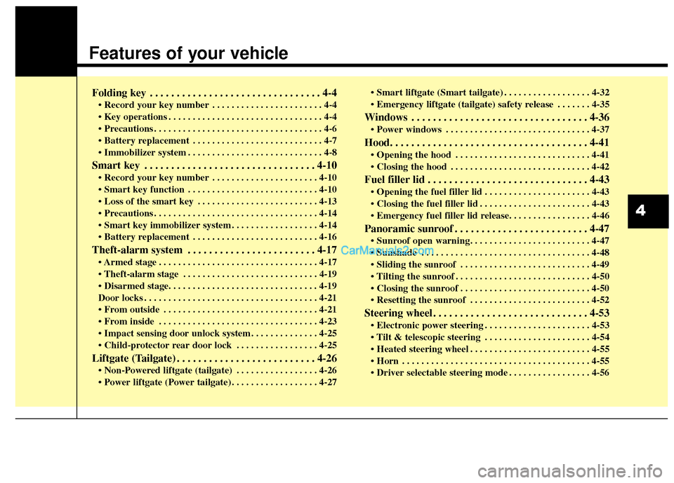 Hyundai Santa Fe 2016  Owners Manual Features of your vehicle
Folding key . . . . . . . . . . . . . . . . . . . . . . . . . . . . . . . . 4-4
• Record your key number . . . . . . . . . . . . . . . . . . . . . . . 4-4
 . . . . . . . . .