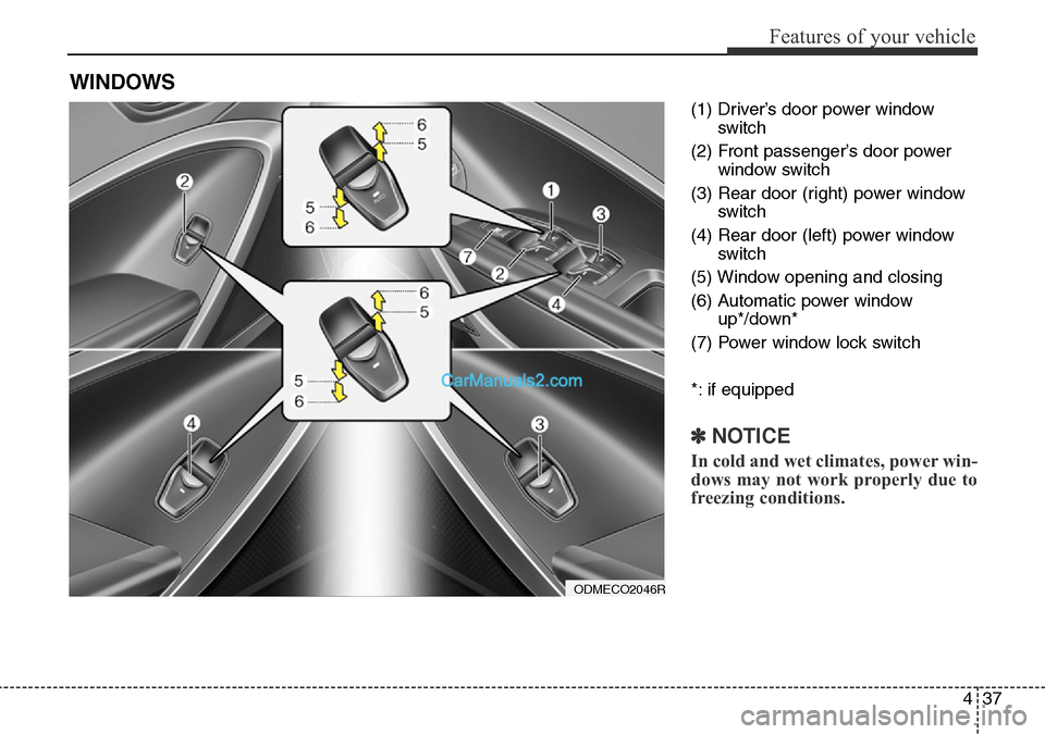 Hyundai Santa Fe 2016 Owners Manual - RHD (UK, Australia) 437
Features of your vehicle
(1) Driver’s door power window
switch
(2) Front passenger’s door power
window switch
(3) Rear door (right) power window
switch
(4) Rear door (left) power window
switch Hyundai Santa Fe 2016 Owners Manual - RHD (UK, Australia) 437
Features of your vehicle
(1) Driver’s door power window
switch
(2) Front passenger’s door power
window switch
(3) Rear door (right) power window
switch
(4) Rear door (left) power window
switch