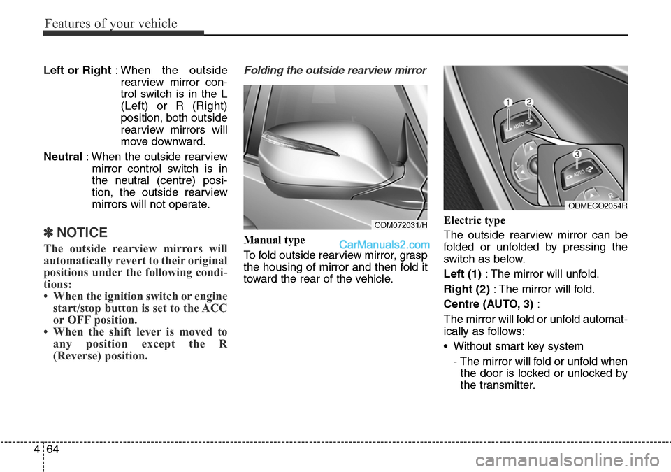 Hyundai Santa Fe 2016 Owners Manual - RHD (UK, Australia) Features of your vehicle
64 4
Left or Right: When the outside
rearview mirror con-
trol switch is in the L
(Left) or R (Right)
position, both outside
rearview mirrors will
move downward.
Neutral: When Hyundai Santa Fe 2016 Owners Manual - RHD (UK, Australia) Features of your vehicle
64 4
Left or Right: When the outside
rearview mirror con-
trol switch is in the L
(Left) or R (Right)
position, both outside
rearview mirrors will
move downward.
Neutral: When