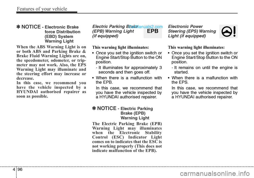 Hyundai Santa Fe 2016 Owners Manual - RHD (UK, Australia) Features of your vehicle
96 4
✽NOTICE- Electronic Brake
force Distribution
(EBD) System
Warning Light
When the ABS Warning Light is on
or both ABS and Parking Brake &
Brake Fluid Warning Lights are Hyundai Santa Fe 2016 Owners Manual - RHD (UK, Australia) Features of your vehicle
96 4
✽NOTICE- Electronic Brake
force Distribution
(EBD) System
Warning Light
When the ABS Warning Light is on
or both ABS and Parking Brake &
Brake Fluid Warning Lights are