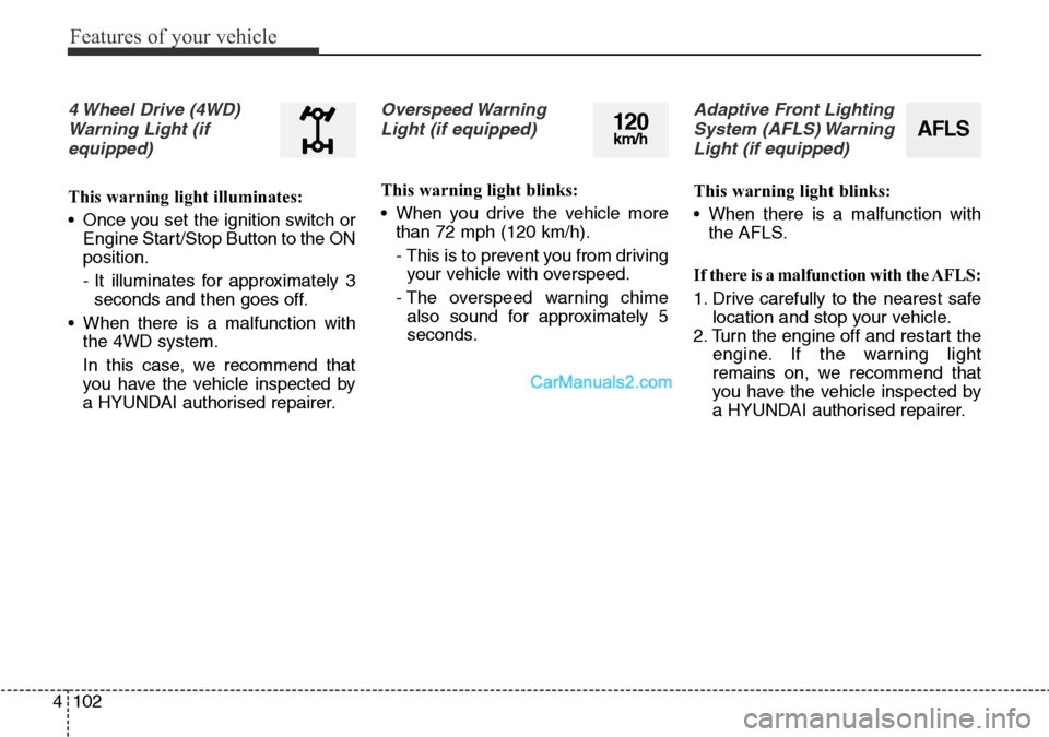 Hyundai Santa Fe 2016 Owners Manual - RHD (UK, Australia) Features of your vehicle
102 4
4 Wheel Drive (4WD)
Warning Light (if
equipped)
This warning light illuminates:
• Once you set the ignition switch or
Engine Start/Stop Button to the ON
position.
- It Hyundai Santa Fe 2016 Owners Manual - RHD (UK, Australia) Features of your vehicle
102 4
4 Wheel Drive (4WD)
Warning Light (if
equipped)
This warning light illuminates:
• Once you set the ignition switch or
Engine Start/Stop Button to the ON
position.
- It