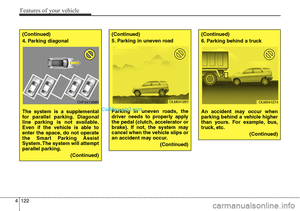 Hyundai Santa Fe 2016 Owners Manual - RHD (UK, Australia) Features of your vehicle
122 4
(Continued)
4. Parking diagonal
The system is a supplemental
for parallel parking. Diagonal
line parking is not available.
Even if the vehicle is able to
enter the spac Hyundai Santa Fe 2016 Owners Manual - RHD (UK, Australia) Features of your vehicle
122 4
(Continued)
4. Parking diagonal
The system is a supplemental
for parallel parking. Diagonal
line parking is not available.
Even if the vehicle is able to
enter the spac