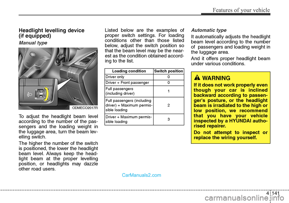 Hyundai Santa Fe 2016  Owners Manual - RHD (UK, Australia) 4141
Features of your vehicle
Headlight levelling device 
(if equipped)
Manual type
To adjust the headlight beam level
according to the number of the pas-
sengers and the loading weight in
the luggage