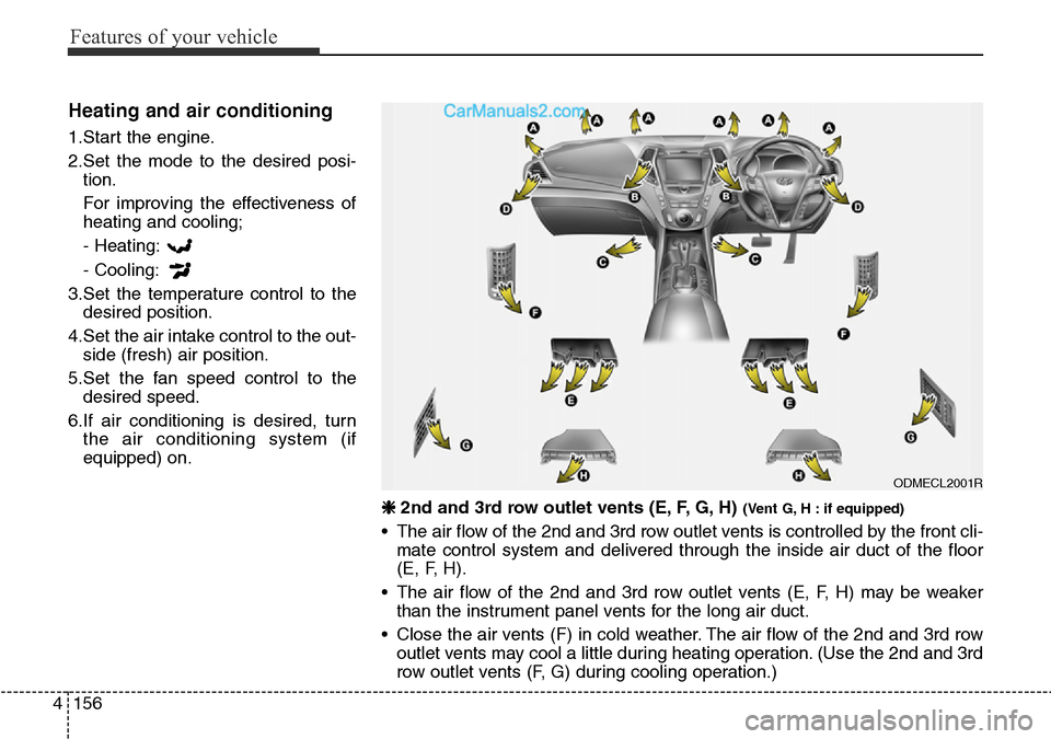 Hyundai Santa Fe 2016 Owners Manual - RHD (UK, Australia) Features of your vehicle
156 4
Heating and air conditioning
1.Start the engine.
2.Set the mode to the desired posi-
tion.
For improving the effectiveness of
heating and cooling;
- Heating:
- Cooling:
Hyundai Santa Fe 2016 Owners Manual - RHD (UK, Australia) Features of your vehicle
156 4
Heating and air conditioning
1.Start the engine.
2.Set the mode to the desired posi-
tion.
For improving the effectiveness of
heating and cooling;
- Heating:
- Cooling: