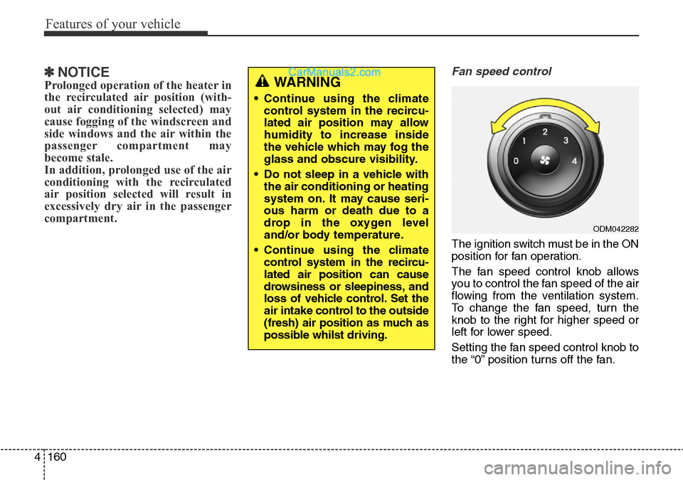 Hyundai Santa Fe 2016  Owners Manual - RHD (UK, Australia) Features of your vehicle
160 4
✽NOTICE
Prolonged operation of the heater in
the recirculated air position (with-
out air conditioning selected) may
cause fogging of the windscreen and
side windows a