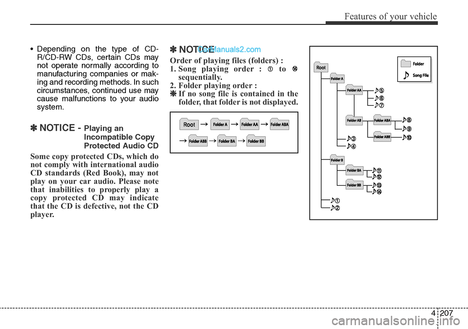 Hyundai Santa Fe 2016  Owners Manual - RHD (UK, Australia) 4207
Features of your vehicle
• Depending on the type of CD-
R/CD-RW CDs, certain CDs may
not operate normally according to
manufacturing companies or mak-
ing and recording methods. In such
circums