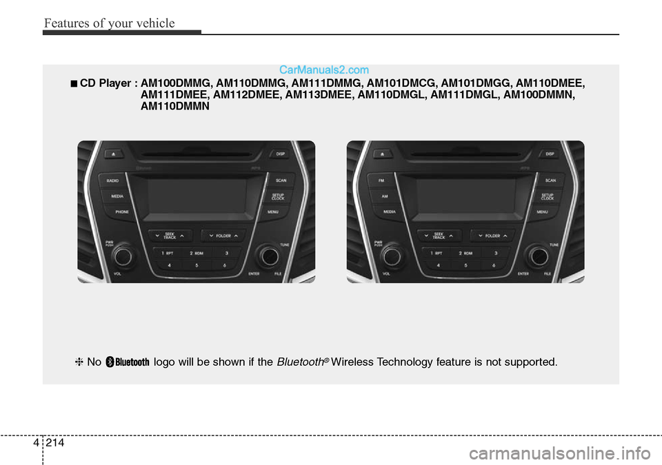 Hyundai Santa Fe 2016  Owners Manual - RHD (UK, Australia) Features of your vehicle
214 4
■ CD Player : AM100DMMG, AM110DMMG, AM111DMMG, AM101DMCG, AM101DMGG, AM110DMEE,
AM111DMEE, AM112DMEE, AM113DMEE, AM110DMGL, AM111DMGL, AM100DMMN,
AM110DMMN
❈ No  log