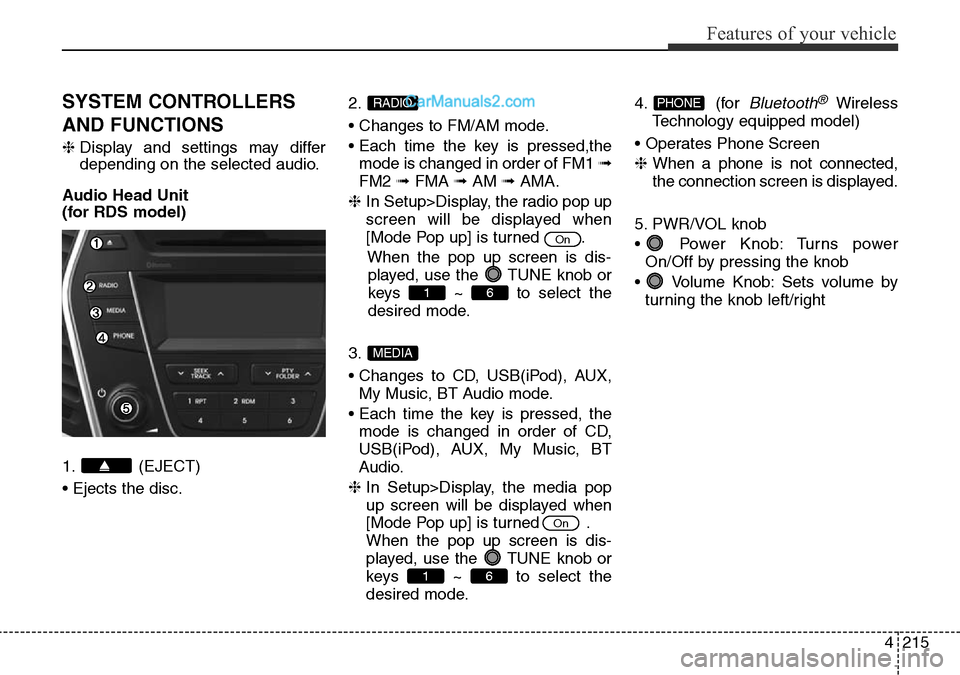 Hyundai Santa Fe 2016  Owners Manual - RHD (UK, Australia) 4215
Features of your vehicle
SYSTEM CONTROLLERS
AND FUNCTIONS
❈Display and settings may differ
depending on the selected audio.
Audio Head Unit
(for RDS model)
1. (EJECT)
• Ejects the disc.2.
•