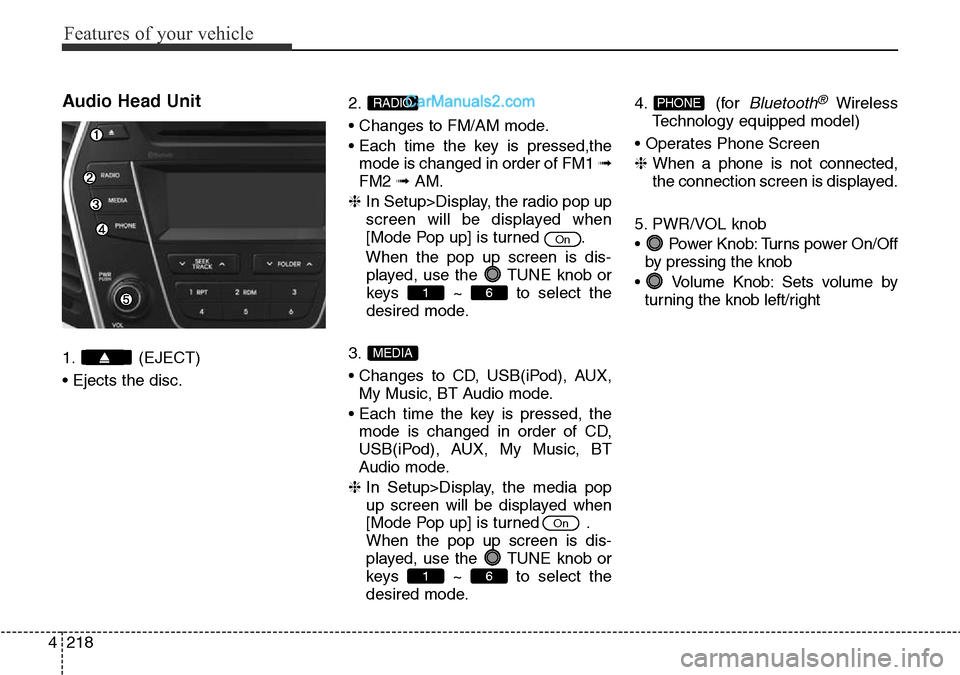 Hyundai Santa Fe 2016  Owners Manual - RHD (UK, Australia) Features of your vehicle
218 4
Audio Head Unit
1. (EJECT)
• Ejects the disc.2.
• Changes to FM/AM mode.
• Each time the key is pressed,the
mode is changed in order of FM1 ➟
FM2 ➟AM.
❈ In S