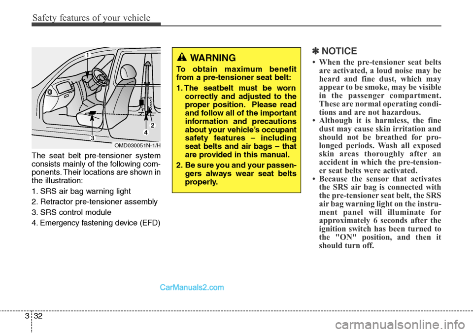 Hyundai Santa Fe 2016 - RHD (UK, Australia) Workshop Manual Safety features of your vehicle
32 3
The seat belt pre-tensioner system
consists mainly of the following com-
ponents. Their locations are shown in
the illustration:
1. SRS air bag warning light
2. Re Hyundai Santa Fe 2016 - RHD (UK, Australia) Workshop Manual Safety features of your vehicle
32 3
The seat belt pre-tensioner system
consists mainly of the following com-
ponents. Their locations are shown in
the illustration:
1. SRS air bag warning light
2. Re