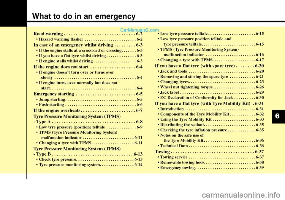 Hyundai Santa Fe 2016  Owners Manual - RHD (UK, Australia) What to do in an emergency
Road warning . . . . . . . . . . . . . . . . . . . . . . . . . . . . . . 6-2
• Hazard warning flasher . . . . . . . . . . . . . . . . . . . . . . . . 6-2
In case of an eme