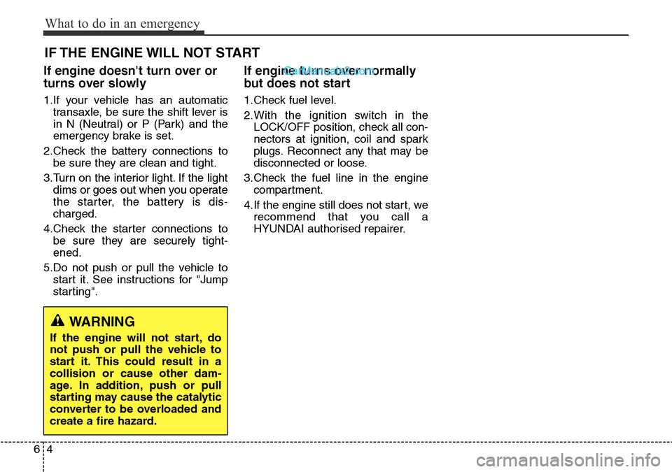 Hyundai Santa Fe 2016  Owners Manual - RHD (UK, Australia) What to do in an emergency
4 6
IF THE ENGINE WILL NOT START
If engine doesnt turn over or
turns over slowly
1.If your vehicle has an automatic
transaxle, be sure the shift lever is
in N (Neutral) or 