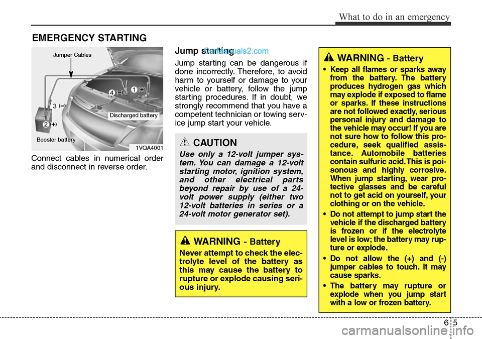 Hyundai Santa Fe 2016  Owners Manual - RHD (UK, Australia) 65
What to do in an emergency
EMERGENCY STARTING
Connect cables in numerical order
and disconnect in reverse order.
Jump starting  
Jump starting can be dangerous if
done incorrectly. Therefore, to av