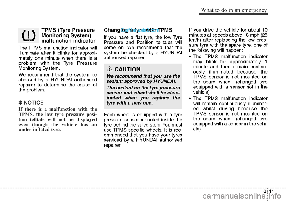 Hyundai Santa Fe 2016  Owners Manual - RHD (UK, Australia) 611
What to do in an emergency
TPMS (Tyre Pressure
Monitoring System)
malfunction indicator
The TPMS malfunction indicator will
illuminate after it blinks for approxi-
mately one minute when there is 
