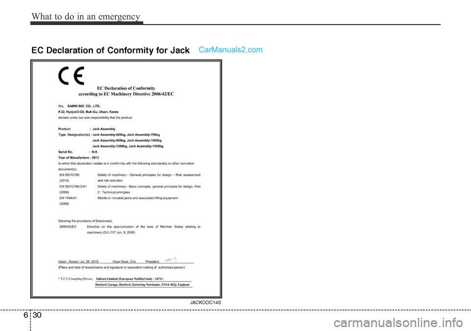 Hyundai Santa Fe 2016 Owners Manual - RHD (UK, Australia) What to do in an emergency
30 6
EC Declaration of Conformity for Jack
JACKDOC14S Hyundai Santa Fe 2016 Owners Manual - RHD (UK, Australia) What to do in an emergency
30 6
EC Declaration of Conformity for Jack
JACKDOC14S