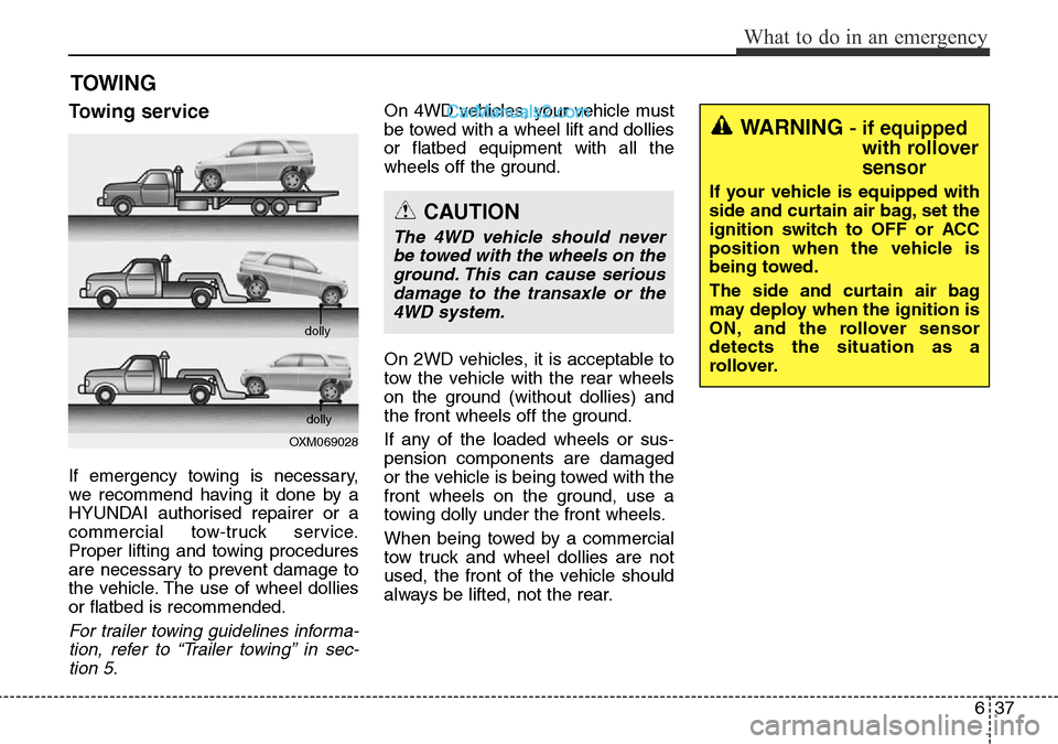 Hyundai Santa Fe 2016 Owners Manual - RHD (UK, Australia) 637
What to do in an emergency
TOWING
Towing service
If emergency towing is necessary,
we recommend having it done by a
HYUNDAI authorised repairer or a
commercial tow-truck service.
Proper lifting an Hyundai Santa Fe 2016 Owners Manual - RHD (UK, Australia) 637
What to do in an emergency
TOWING
Towing service
If emergency towing is necessary,
we recommend having it done by a
HYUNDAI authorised repairer or a
commercial tow-truck service.
Proper lifting an