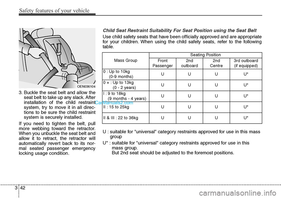 Hyundai Santa Fe 2016 - RHD (UK, Australia) Repair Manual Safety features of your vehicle
42 3
3. Buckle the seat belt and allow the
seat belt to take up any slack. After
installation of the child restraint
system, try to move it in all direc-
tions to be su Hyundai Santa Fe 2016 - RHD (UK, Australia) Repair Manual Safety features of your vehicle
42 3
3. Buckle the seat belt and allow the
seat belt to take up any slack. After
installation of the child restraint
system, try to move it in all direc-
tions to be su