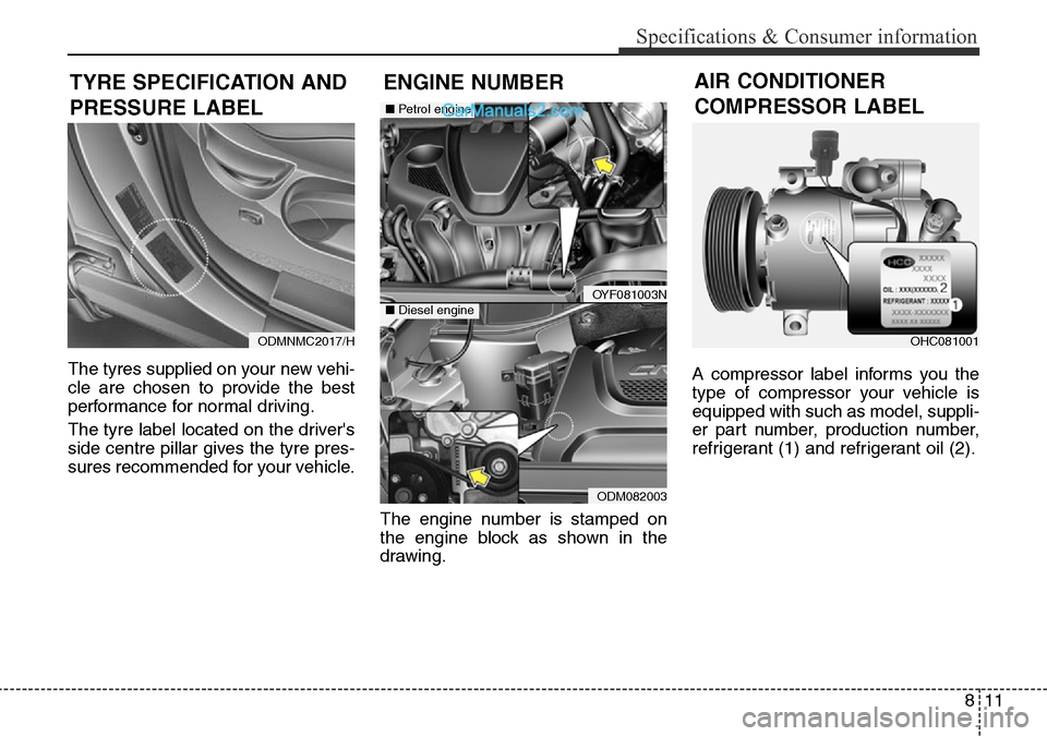 Hyundai Santa Fe 2016  Owners Manual - RHD (UK, Australia) 811
Specifications & Consumer information
The tyres supplied on your new vehi-
cle are chosen to provide the best
performance for normal driving.
The tyre label located on the drivers
side centre pil