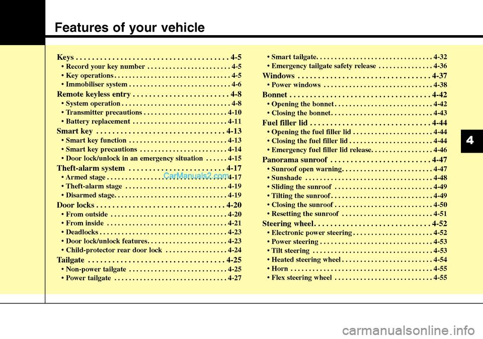 Hyundai Santa Fe 2016  Owners Manual - RHD (UK, Australia) Features of your vehicle
Keys . . . . . . . . . . . . . . . . . . . . . . . . . . . . . . . . . . . . . . 4-5
• Record your key number . . . . . . . . . . . . . . . . . . . . . . . 4-5
• Key opera