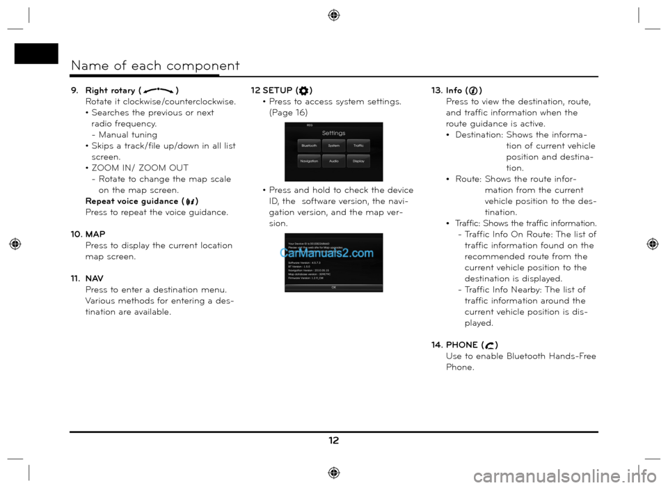 Hyundai Santa Fe 2016 Navigation Manual 9. Right rotary ()
Rotate it clockwise/counterclockwise.
• Searches the previous or next
radio frequency.
- Manual tuning
• Skips a track/file up/down in all list
screen.
• ZOOM IN/ ZO Hyundai Santa Fe 2016 Navigation Manual 9. Right rotary ()
Rotate it clockwise/counterclockwise.
• Searches the previous or next
radio frequency.
- Manual tuning
• Skips a track/file up/down in all list
screen.
• ZOOM IN/ ZO
