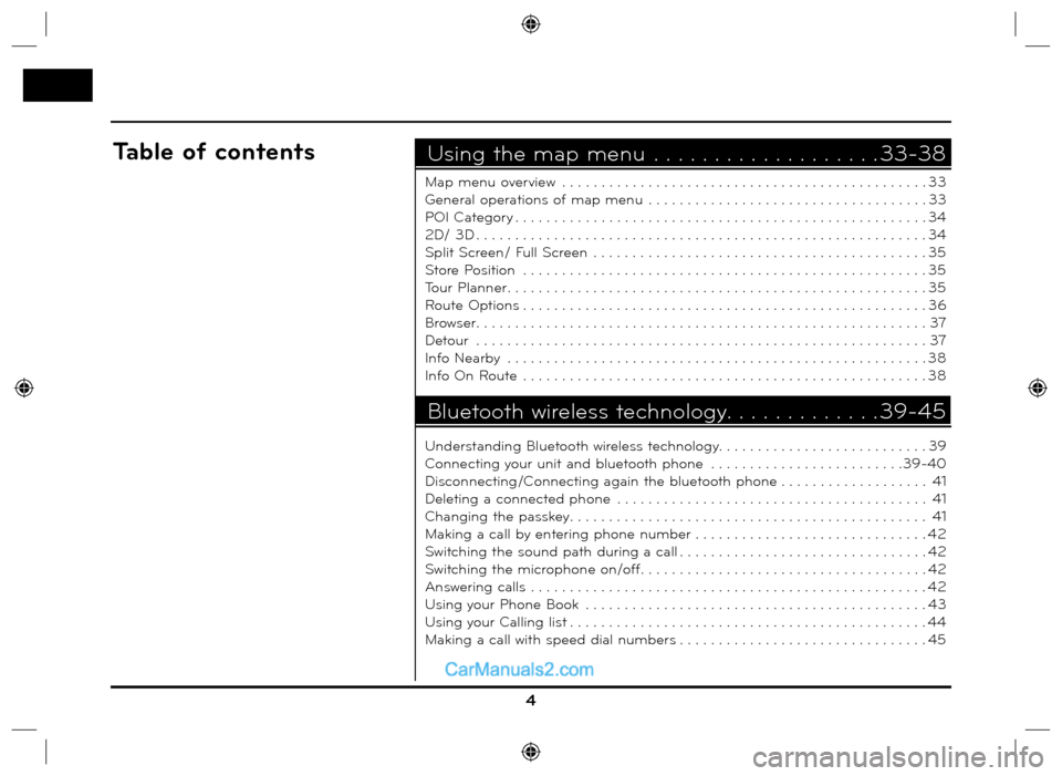 Hyundai Santa Fe 2016  Navigation Manual 4
Map menu overview  . . . . . . . . . . . . . . . . . . . . . . . . . . . . . . . . . . . . . . . . . . . . . . . 33
General operations of map menu  . . . . . . . . . . . . . . . . . . . . . . . . . 