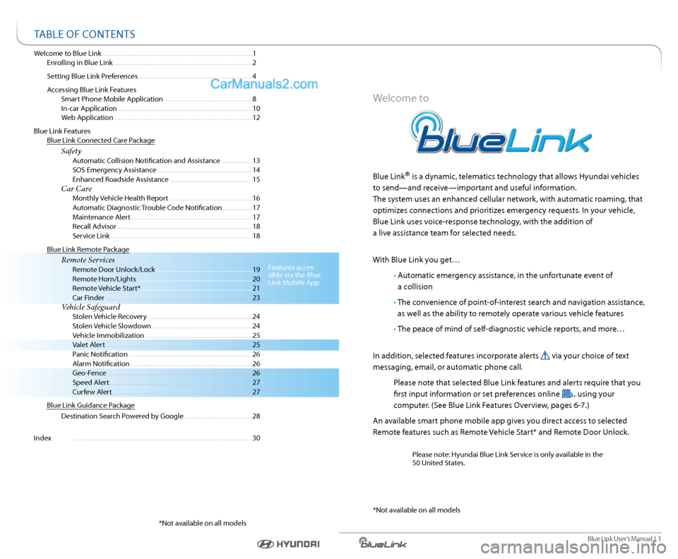 Hyundai Santa Fe 2016  Gen 1 Blue Link Audio Manual Blue link User’s Manual   i  1
Welcome to Blue link  ........................................................................\
........................ 1
  enrolling in Blue link ...................