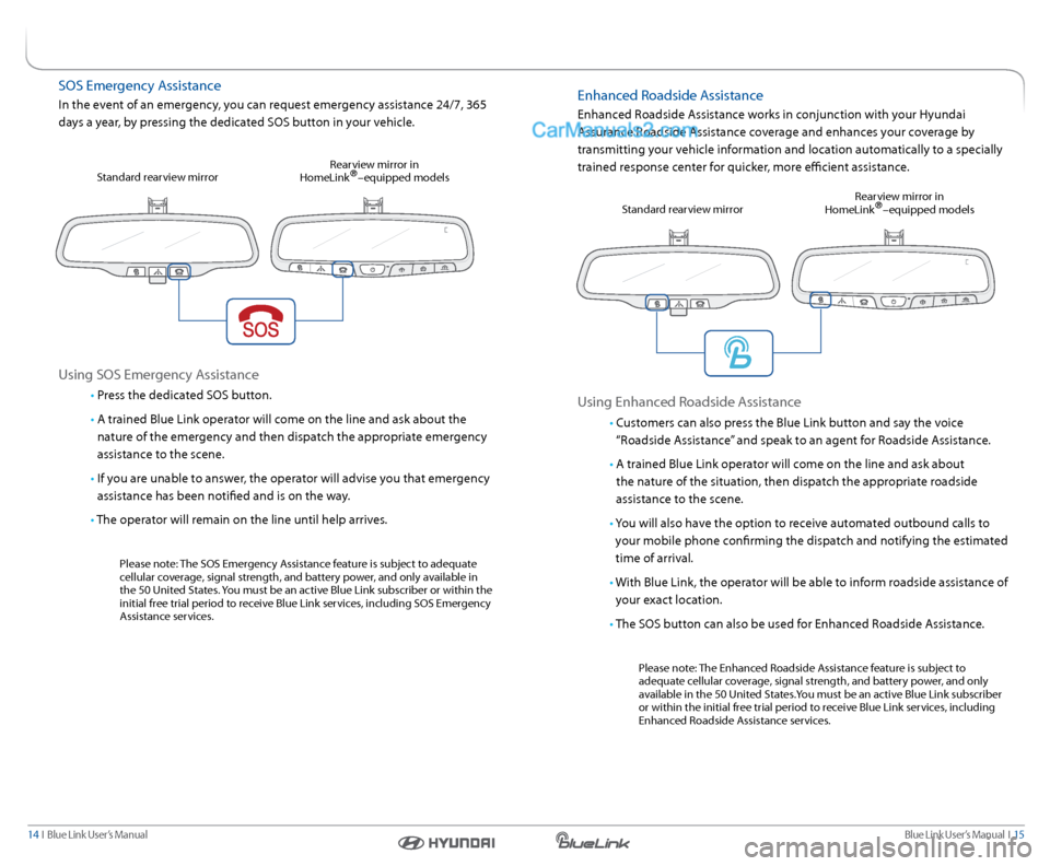 Hyundai Santa Fe 2016  Gen 1 Blue Link Navigation Manual Blue link User’s Manual  I  15
14  I   Blue link User’s Manual
sOs emergency a ssistance
In the event of an emergency, you can request emergency assistance 24/7, 365 
days a year, by pressing the 