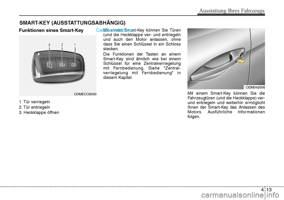 Hyundai Santa Fe 2016 Betriebsanleitung (in German) 413
Ausstattung Ihres Fahrzeugs
Funktionen eines Smart-Key
1. Tür verriegeln
2. Tür entriegeln
3. Heckklappe öffnenMit einem Smart-Key können Sie Türen
(und die Heckklappe ver- und entriegeln
und Hyundai Santa Fe 2016 Betriebsanleitung (in German) 413
Ausstattung Ihres Fahrzeugs
Funktionen eines Smart-Key
1. Tür verriegeln
2. Tür entriegeln
3. Heckklappe öffnenMit einem Smart-Key können Sie Türen
(und die Heckklappe ver- und entriegeln
und