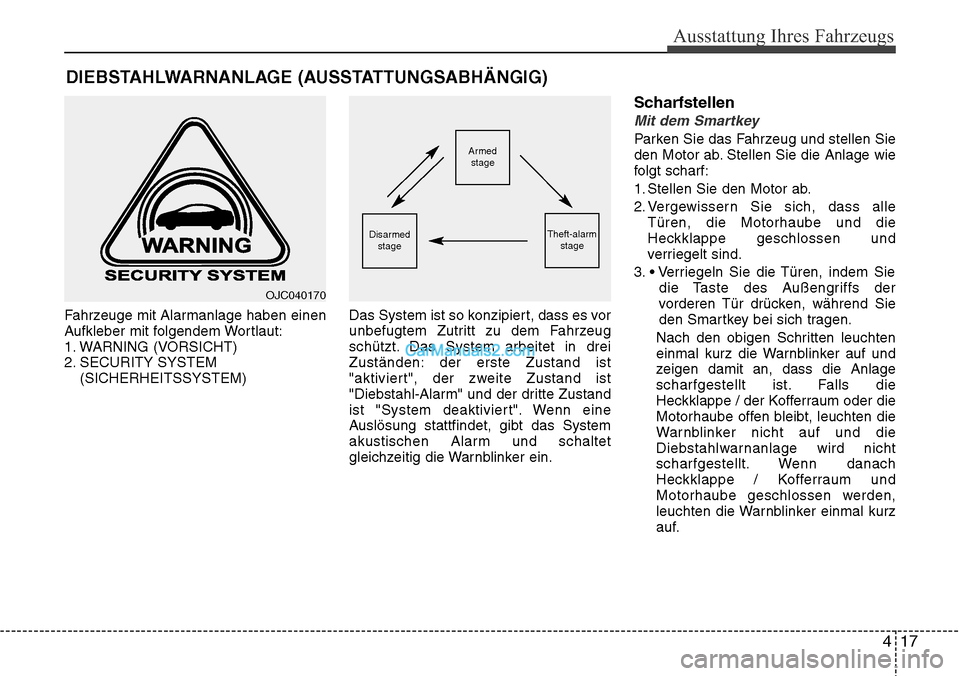Hyundai Santa Fe 2016 Betriebsanleitung (in German) 417
Ausstattung Ihres Fahrzeugs
Fahrzeuge mit Alarmanlage haben einen
Aufkleber mit folgendem Wortlaut:
1. WARNING (VORSICHT)
2. SECURITY SYSTEM(SICHERHEITSSYSTEM) Das System ist so konzipiert, dass e Hyundai Santa Fe 2016 Betriebsanleitung (in German) 417
Ausstattung Ihres Fahrzeugs
Fahrzeuge mit Alarmanlage haben einen
Aufkleber mit folgendem Wortlaut:
1. WARNING (VORSICHT)
2. SECURITY SYSTEM(SICHERHEITSSYSTEM) Das System ist so konzipiert, dass e