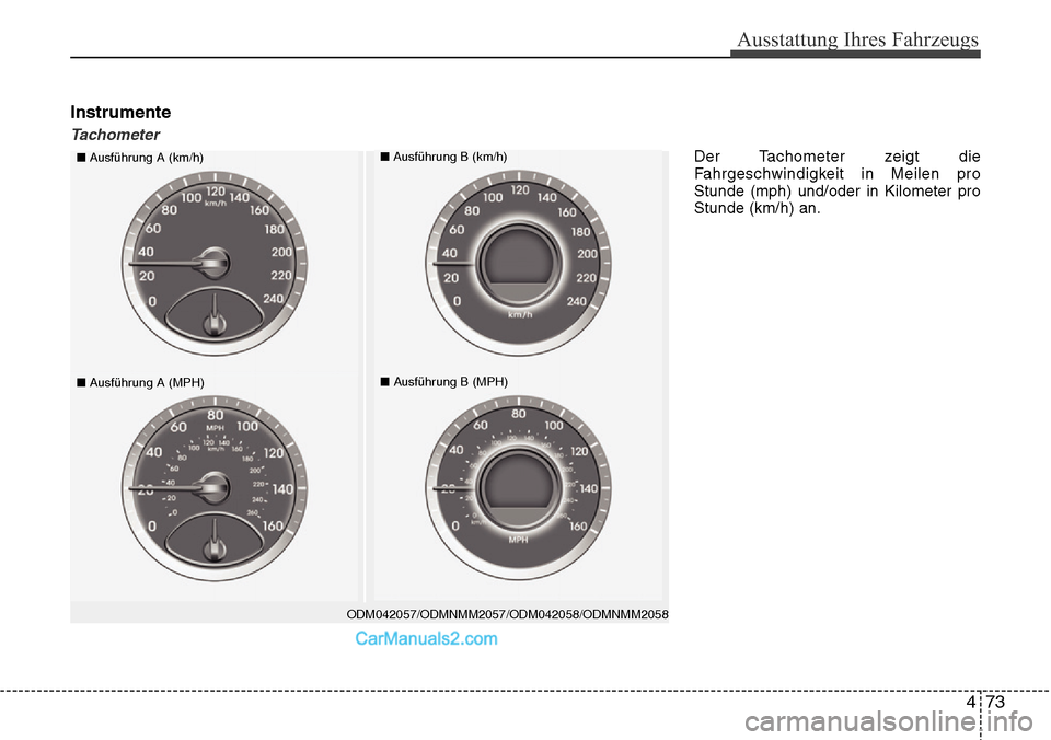 Hyundai Santa Fe 2016 Betriebsanleitung (in German) 473
Ausstattung Ihres Fahrzeugs
Instrumente
Tachometer
ODM042057/ODMNMM2057/ODM042058/ODMNMM2058
■Ausführung A (km/h)■Ausführung B (km/h)
■Ausführung A (MPH)■Ausführung B (MPH)
Der Tachome Hyundai Santa Fe 2016 Betriebsanleitung (in German) 473
Ausstattung Ihres Fahrzeugs
Instrumente
Tachometer
ODM042057/ODMNMM2057/ODM042058/ODMNMM2058
■Ausführung A (km/h)■Ausführung B (km/h)
■Ausführung A (MPH)■Ausführung B (MPH)
Der Tachome
