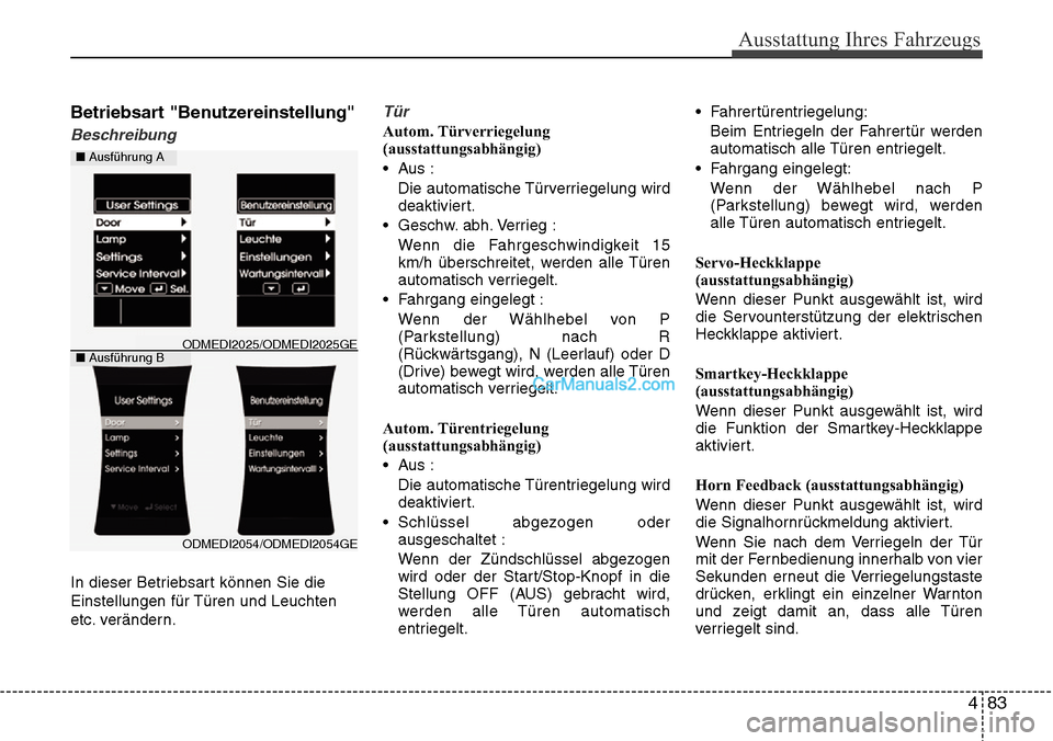 Hyundai Santa Fe 2016  Betriebsanleitung (in German) 483
Ausstattung Ihres Fahrzeugs
Betriebsart "Benutzereinstellung"
Beschreibung
In dieser Betriebsart können Sie die
Einstellungen für Türen und Leuchten
etc. verändern.
Tür
Autom. Türverriegelun