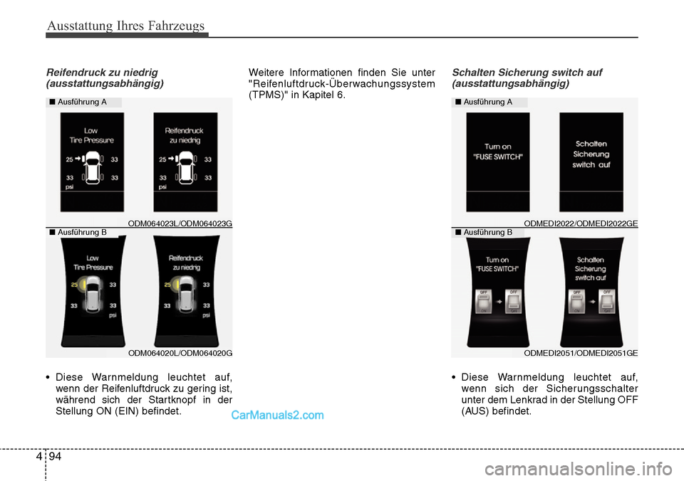 Hyundai Santa Fe 2016  Betriebsanleitung (in German) Ausstattung Ihres Fahrzeugs
94
4
Reifendruck zu niedrig
(ausstattungsabhängig)
• Diese Warnmeldung leuchtet auf, wenn der Reifenluftdruck zu gering ist,
während sich der Startknopf in der
Stellung