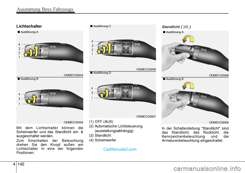 Hyundai Santa Fe 2016  Betriebsanleitung (in German) Ausstattung Ihres Fahrzeugs
142
4
Lichtschalter
Mit dem Lichtschalter können die
Scheinwerfer und das Standlicht ein- &
ausgeschaltet werden.
Zum Einschalten der Beleuchtung
drehen Sie den Knopf auß