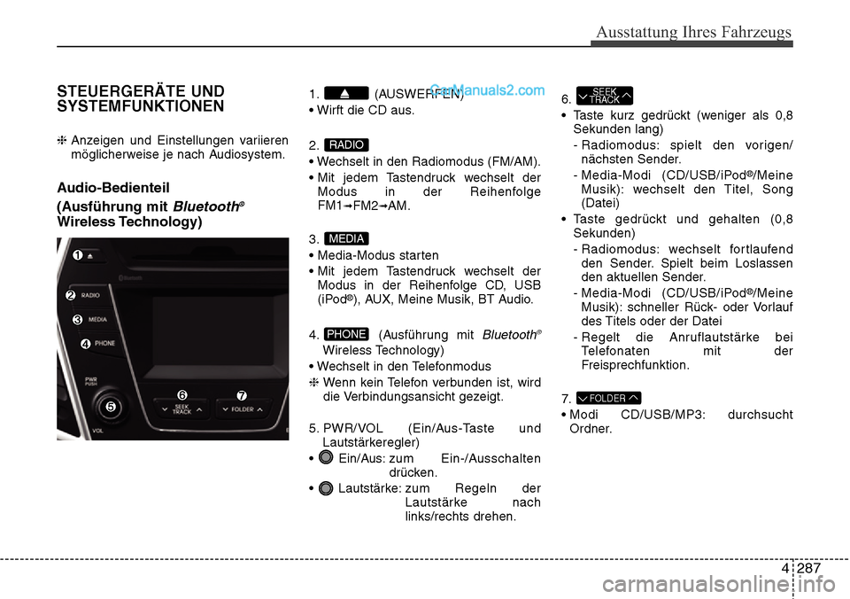 Hyundai Santa Fe 2016 Betriebsanleitung (in German) 4 287
Ausstattung Ihres Fahrzeugs
STEUERGERÄTE UND
SYSTEMFUNKTIONEN
❈ Anzeigen und Einstellungen variieren
möglicherweise je nach Audiosystem.
Audio-Bedienteil
(Ausführung mit
Bluetooth®
Wirel Hyundai Santa Fe 2016 Betriebsanleitung (in German) 4 287
Ausstattung Ihres Fahrzeugs
STEUERGERÄTE UND
SYSTEMFUNKTIONEN
❈ Anzeigen und Einstellungen variieren
möglicherweise je nach Audiosystem.
Audio-Bedienteil
(Ausführung mit
Bluetooth®
Wirel