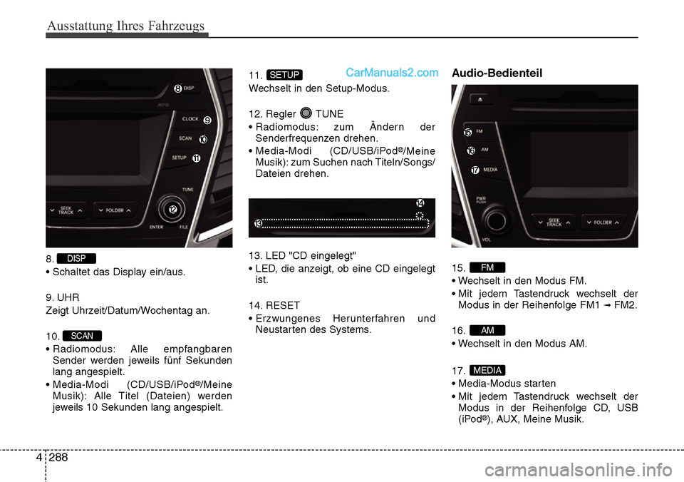 Hyundai Santa Fe 2016 Betriebsanleitung (in German) Ausstattung Ihres Fahrzeugs
288
4
8.
• Schaltet das Display ein/aus.
9. UHR
Zeigt Uhrzeit/Datum/Wochentag an.
10.
• Radiomodus: Alle empfangbaren
Sender werden jeweils fünf Sekunden
lang angespi Hyundai Santa Fe 2016 Betriebsanleitung (in German) Ausstattung Ihres Fahrzeugs
288
4
8.
• Schaltet das Display ein/aus.
9. UHR
Zeigt Uhrzeit/Datum/Wochentag an.
10.
• Radiomodus: Alle empfangbaren
Sender werden jeweils fünf Sekunden
lang angespi