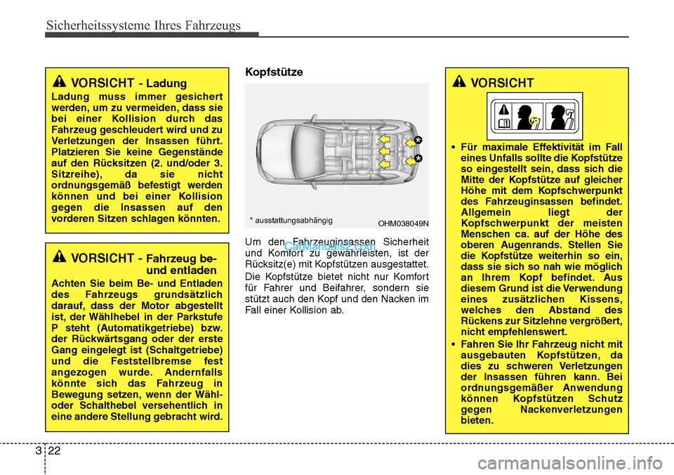 Hyundai Santa Fe 2016  Betriebsanleitung (in German) Sicherheitssysteme Ihres Fahrzeugs
22
3
Kopfstütze
Um den Fahrzeuginsassen Sicherheit
und Komfort zu gewährleisten, ist der
Rücksitz(e) mit Kopfstützen ausgestattet.
Die Kopfstütze bietet nicht n