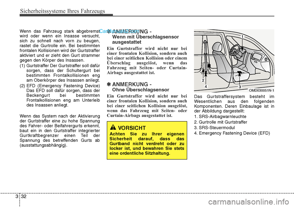 Hyundai Santa Fe 2016  Betriebsanleitung (in German) Sicherheitssysteme Ihres Fahrzeugs
32
3
Wenn das Fahrzeug stark abgebremst
wird oder wenn ein Insasse versucht,
sich zu schnell nach vorn zu beugen,
rastet die Gurtrolle ein. Bei bestimmten
frontalen 