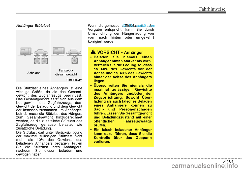 Hyundai Santa Fe 2016  Betriebsanleitung (in German) 5 101
Fahrhinweise
Anhänger-Stützlast
Die Stützlast eines Anhängers ist eine
wichtige Größe, da sie das Gesamt-
gewicht des Zugfahrzeugs beeinflusst.
Das Gesamtgewicht setzt sich aus dem
Leergew
