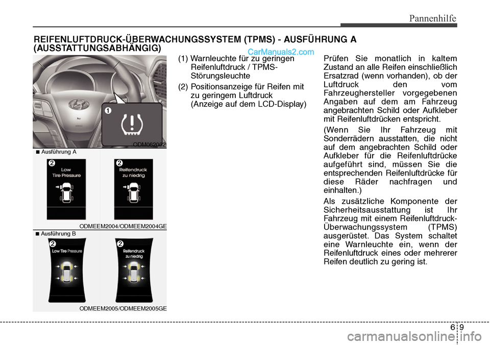 Hyundai Santa Fe 2016  Betriebsanleitung (in German) 69
Pannenhilfe
REIFENLUFTDRUCK-ÜBERWACHUNGSSYSTEM (TPMS) - AUSFÜHRUNG A
(AUSSTATTUNGSABHÄNGIG)
(1) Warnleuchte für zu geringenReifenluftdruck / TPMS-
Störungsleuchte
(2) Positionsanzeige für Rei