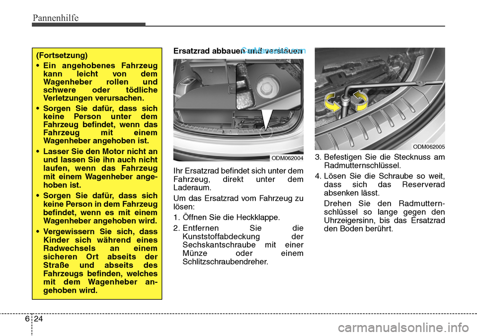 Hyundai Santa Fe 2016  Betriebsanleitung (in German) Pannenhilfe
24
6
Ersatzrad abbauen und verstauen
Ihr Ersatzrad befindet sich unter dem
Fahrzeug, direkt unter dem
Laderaum.
Um das Ersatzrad vom Fahrzeug zu
lösen:
1. Öffnen Sie die Heckklappe.
2. E