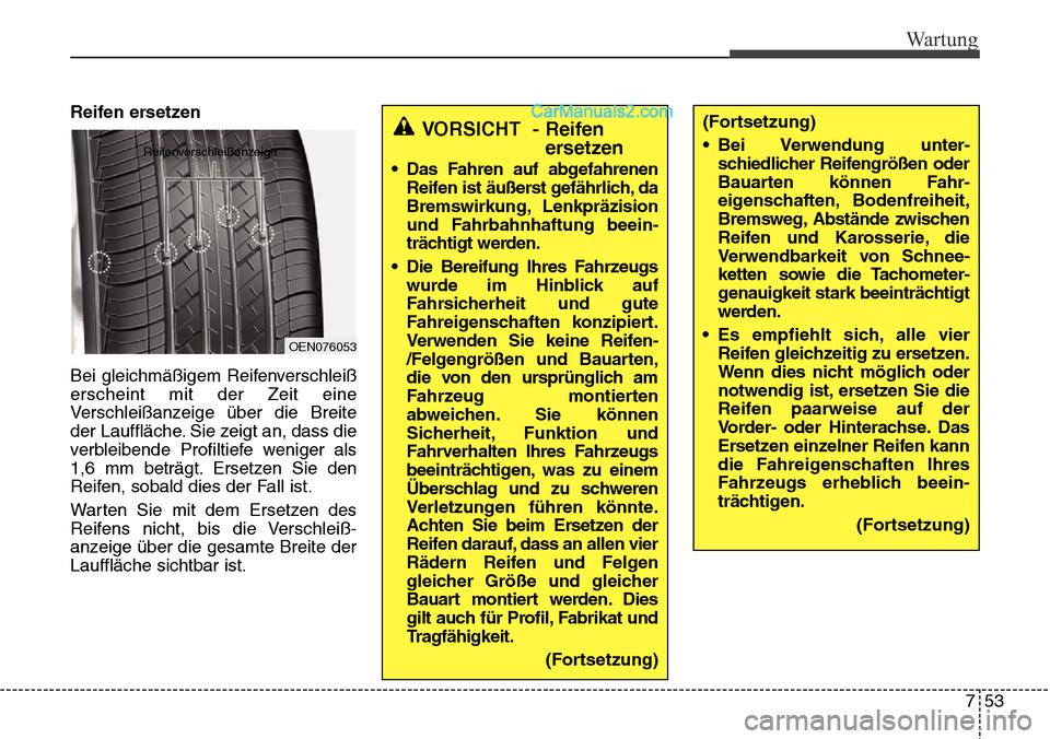 Hyundai Santa Fe 2016 Betriebsanleitung (in German) 753
Wartung
Reifen ersetzen
Bei gleichmäßigem Reifenverschleiß
erscheint mit der Zeit eine
Verschleißanzeige über die Breite
der Lauffläche. Sie zeigt an, dass die
verbleibende Profiltiefe wenig Hyundai Santa Fe 2016 Betriebsanleitung (in German) 753
Wartung
Reifen ersetzen
Bei gleichmäßigem Reifenverschleiß
erscheint mit der Zeit eine
Verschleißanzeige über die Breite
der Lauffläche. Sie zeigt an, dass die
verbleibende Profiltiefe wenig