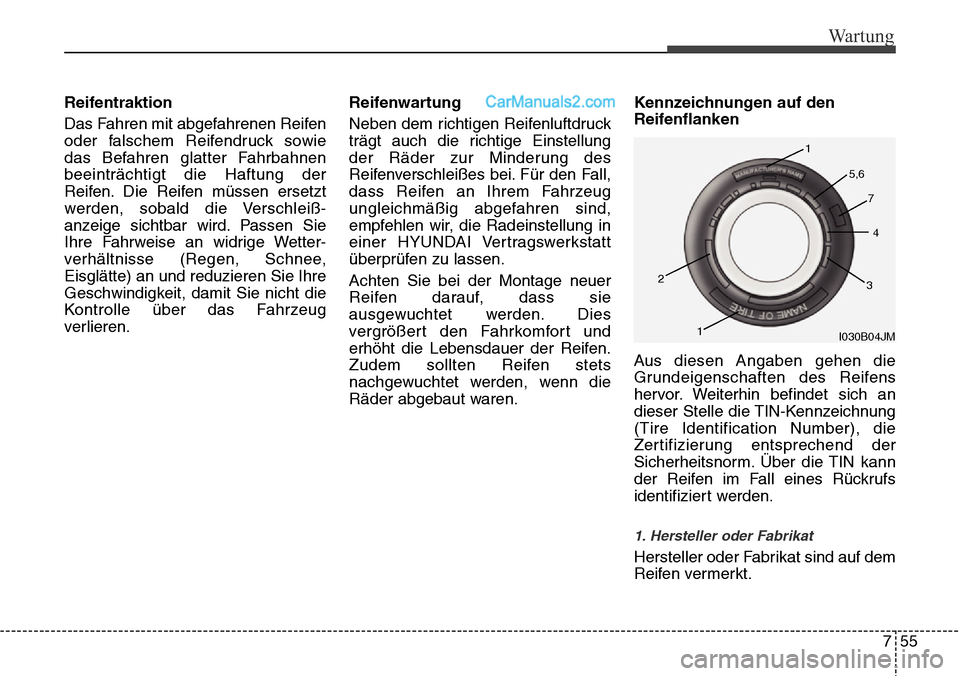 Hyundai Santa Fe 2016 Betriebsanleitung (in German) 755
Wartung
Reifentraktion
Das Fahren mit abgefahrenen Reifen
oder falschem Reifendruck sowie
das Befahren glatter Fahrbahnen
beeinträchtigt die Haftung der
Reifen. Die Reifen müssen ersetzt
werden, Hyundai Santa Fe 2016 Betriebsanleitung (in German) 755
Wartung
Reifentraktion
Das Fahren mit abgefahrenen Reifen
oder falschem Reifendruck sowie
das Befahren glatter Fahrbahnen
beeinträchtigt die Haftung der
Reifen. Die Reifen müssen ersetzt
werden,