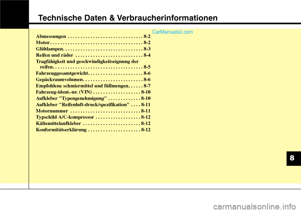 Hyundai Santa Fe 2016 Betriebsanleitung (in German) Technische Daten & Verbraucherinformationen
Abmessungen . . . . . . . . . . . . . . . . . . . . . . . . . . . . . . 8-2
Motor . . . . . . . . . . . . . . . . . . . . . . . . . . . . . . . . . . . . \
Hyundai Santa Fe 2016 Betriebsanleitung (in German) Technische Daten & Verbraucherinformationen
Abmessungen . . . . . . . . . . . . . . . . . . . . . . . . . . . . . . 8-2
Motor . . . . . . . . . . . . . . . . . . . . . . . . . . . . . . . . . . . . \