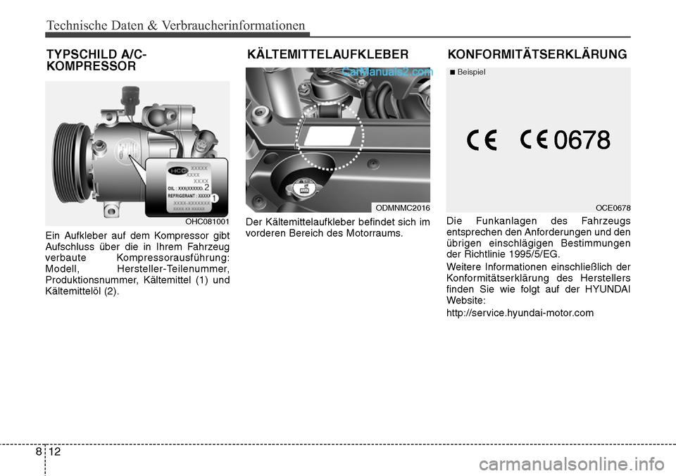 Hyundai Santa Fe 2016  Betriebsanleitung (in German) Technische Daten & Verbraucherinformationen
12
8
KONFORMITÄTSERKLÄRUNG
Ein Aufkleber auf dem Kompressor gibt
Aufschluss über die in Ihrem Fahrzeug
verbaute Kompressorausführung:
Modell, Hersteller