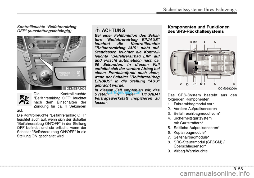 Hyundai Santa Fe 2016 Betriebsanleitung (in German) 355
Sicherheitssysteme Ihres Fahrzeugs
Kontrollleuchte "BeifahrerairbagOFF" (ausstattungsabhängig)
Die Kontrollleuchte
"Beifahrerairbag OFF" leuchtet
nach dem Einschalten der
Zündung für ca. 4 Seku Hyundai Santa Fe 2016 Betriebsanleitung (in German) 355
Sicherheitssysteme Ihres Fahrzeugs
Kontrollleuchte "BeifahrerairbagOFF" (ausstattungsabhängig)
Die Kontrollleuchte
"Beifahrerairbag OFF" leuchtet
nach dem Einschalten der
Zündung für ca. 4 Seku